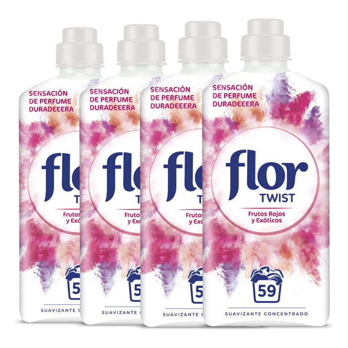 Flor Twist Frutos Rojos y Exóticos - Suavizante concentrado para la ropa con notas naturales - 236 lavados (4botellas x 59 dosis)