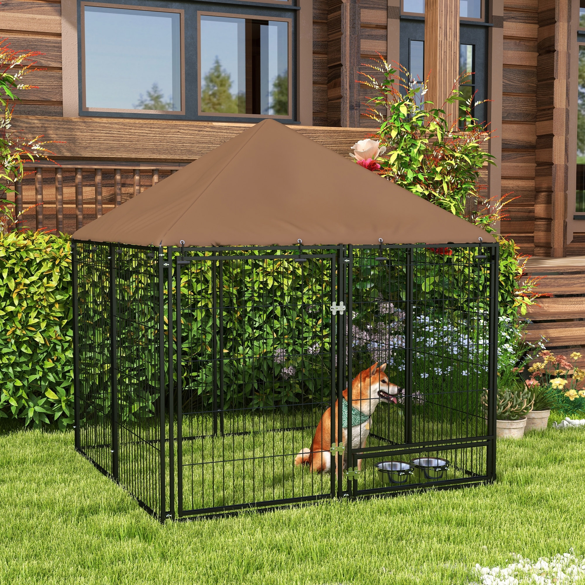 Chenil extérieur pour chiens en métal et tissu oxford avec support gamelle et toit résistant aux intempéries espace spacieux 141L x 141l x 151H cm noir