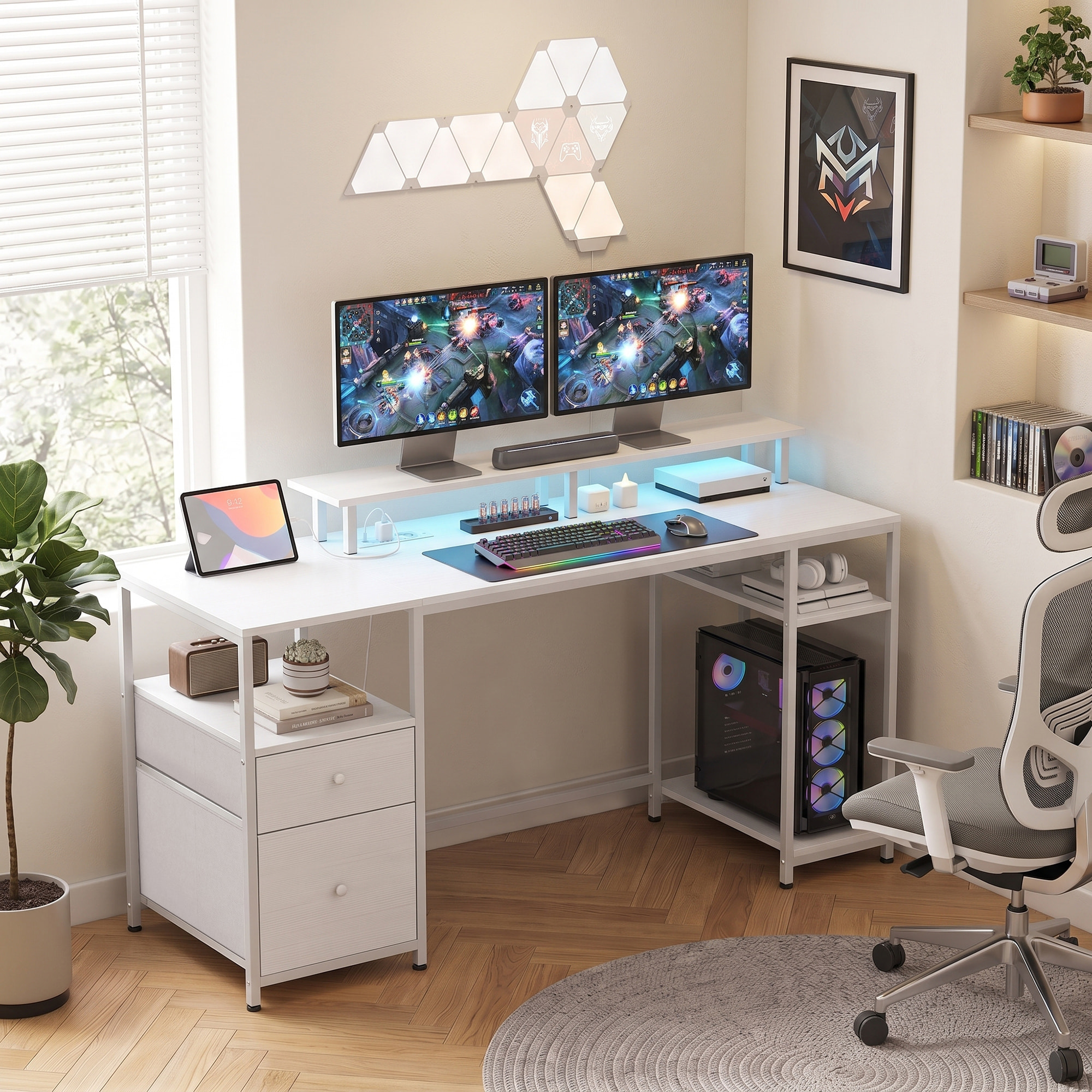 Mesa de Escritorio Mesa de Ordenador con Luces LED Estantes Cajones Tomas de Corriente Puertos USB y Soporte para Monitor para Oficina Estudio 155,5x48x88,5 cm Blanco
