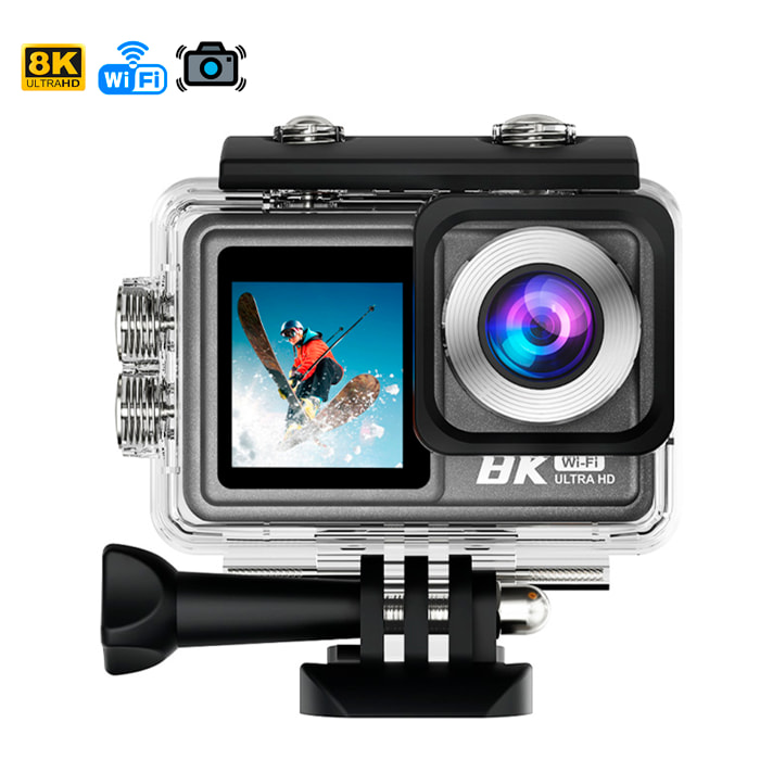 Cámara Deportiva M86 TR 8k 15fps con 50 mpx, doble pantalla de 2" y 1.3", estabilizador de imagen, multitud de accesorios y WIFI.
