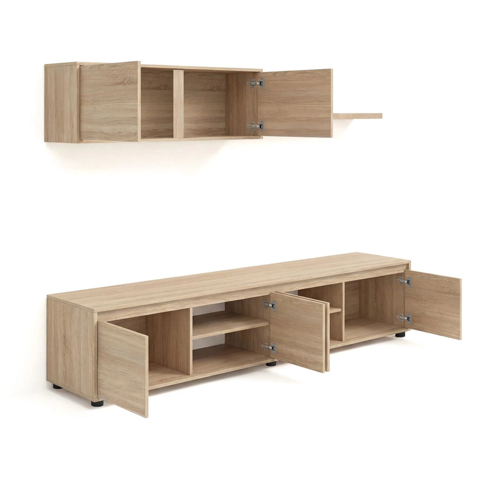 Salón con mueble de TV y estantería en roble canadian 200 cm Arlet Roble Canadian
