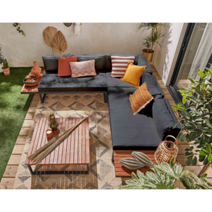 Yulara - salon de jardin en bois et métal - 5 places - coussins gris - Noir / Bois / Beige