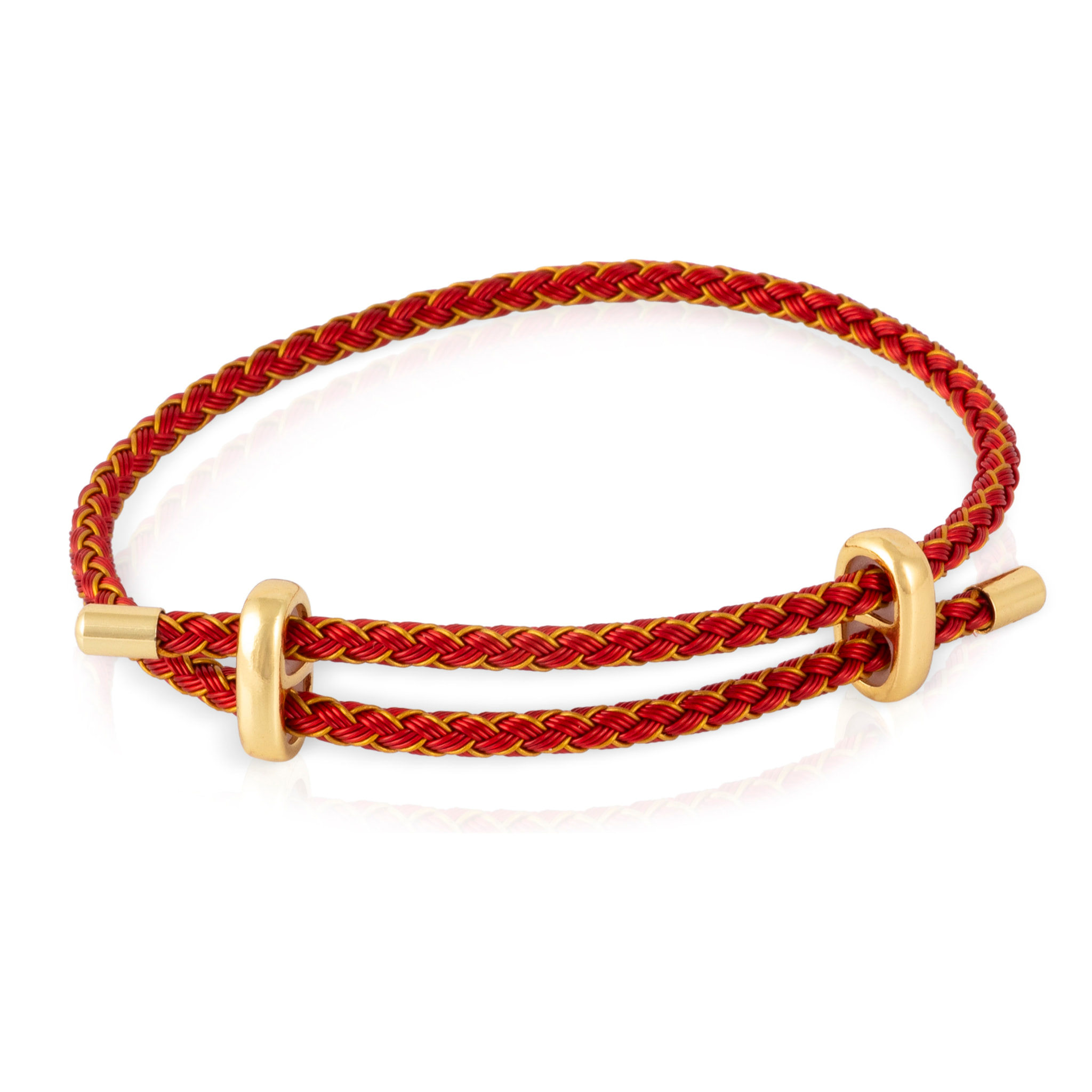 Pack de 3 pulseras trenzadas de doble alambre de acero negro, rojo y verde con cierre cruzado de cobre dorado.