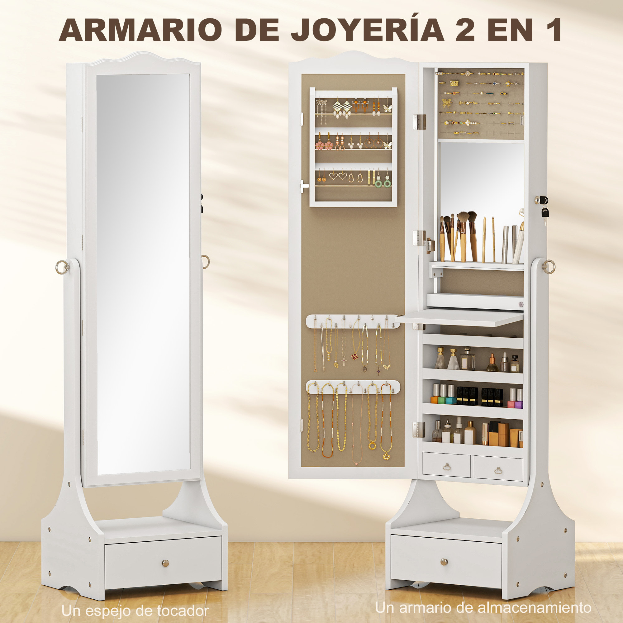 Espejo Joyero con Luces LED, Armario para Joyas, Armario Joyero con Espejo Entero de Ángulo Ajustable, Cajones, Mesa Interior Plegable, Cerradura, Luces Apagado Automático, Blanco y Forro Beige