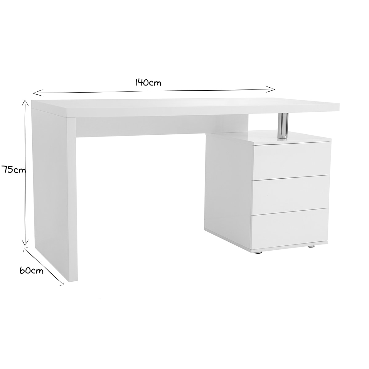 Bureau avec rangements 3 tiroirs design blanc laqué brillant L140 cm CALIX