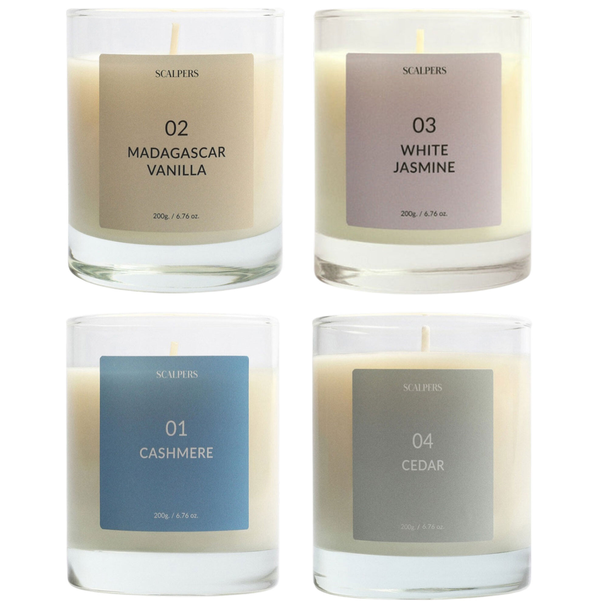 Set de 4 velas aromáticas de 200gr con aromas de jazmín blanco, cashemere, vainilla de madagascar y cedro scalpers