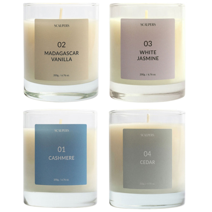 Set de 4 velas aromáticas de 200gr con aromas de jazmín blanco, cashemere, vainilla de madagascar y cedro scalpers