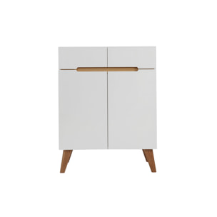 Buffet scandinave blanc brillant et finition bois clair 2 portes 2 tiroirs L80cm MELKA