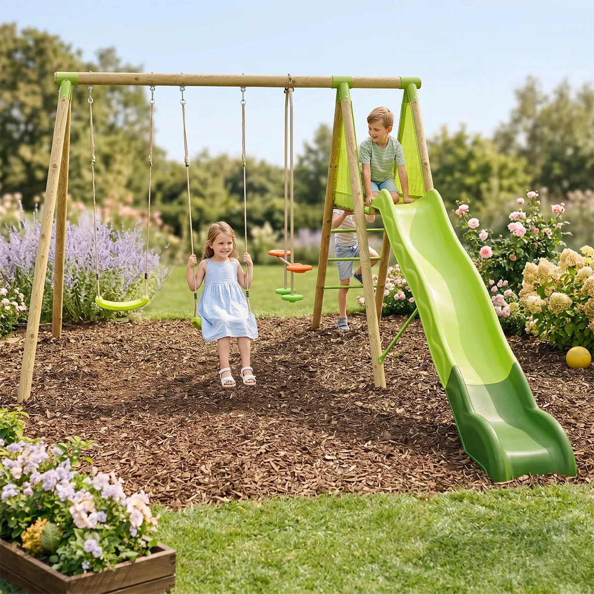 Balançoire en bois 2,30 m Topwood YAKI VERT - 6 enfants