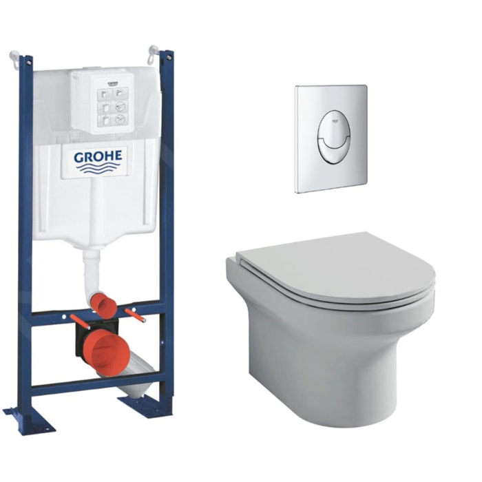 Pack WC suspendu sans bride  + Bâti support wc Grohe + plaque commande chromé rond Quickfix