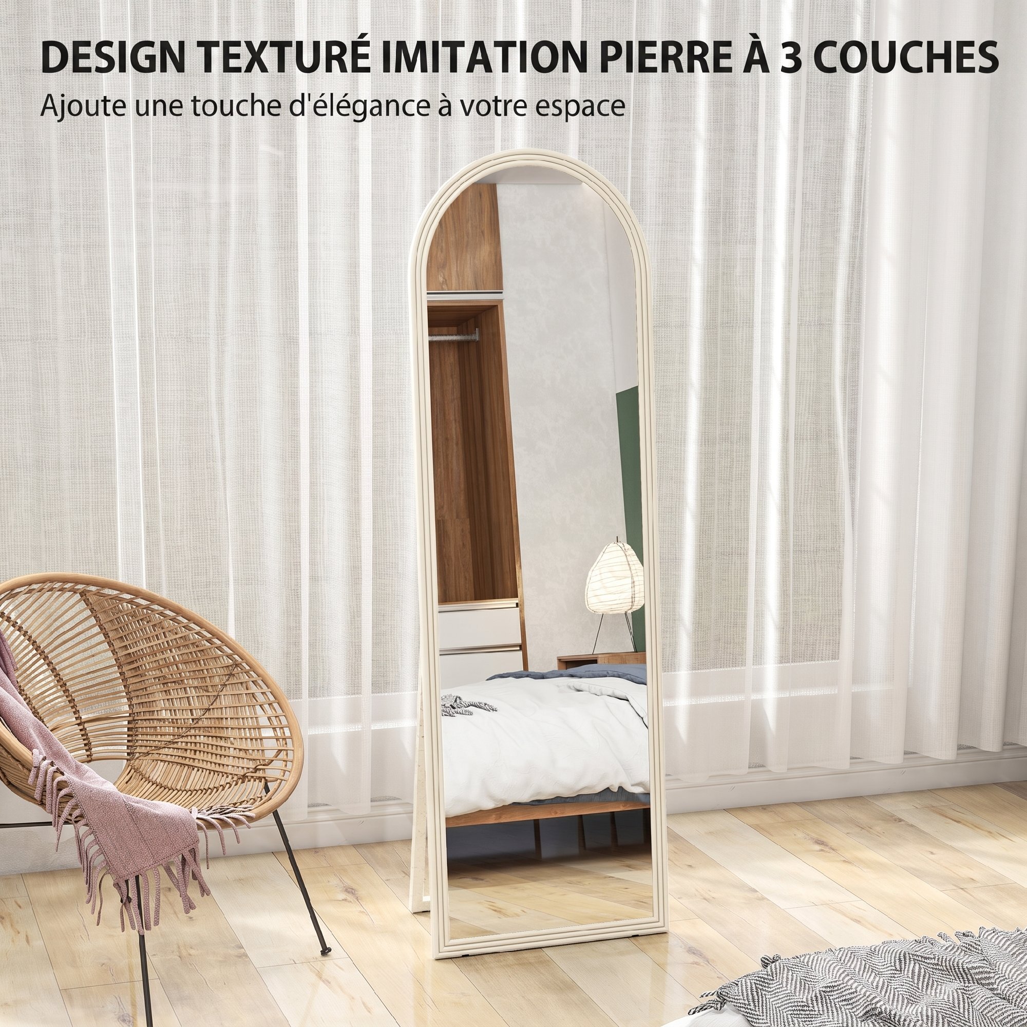 Miroir sur pied et mural pleine longueur 50 x 160 cm cadre pied effet pierre blanc