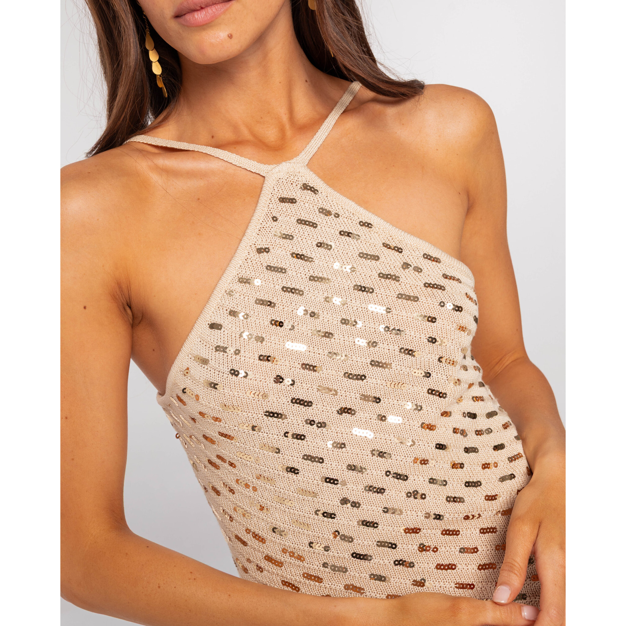 Top de punto con lentejuelas y escote halter de mujer
