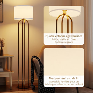 Lampadaire design métal doré 4 pieds base abat-jour circulaire lin beige dia. 38 x H.161 cm