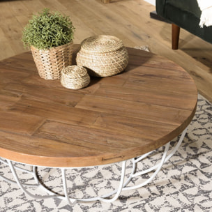SIXTINE - Table basse coque ronde 80x80cm plateau teck recyclé piétement métal blanc