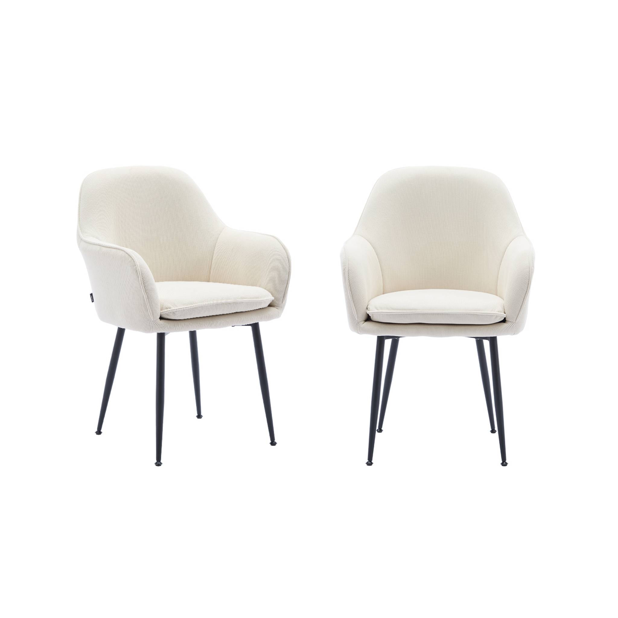 Lot de 2 fauteuils en velours côtelé blanc cassé et pieds en métal noir mat. L 57 x P 59 x H 84.5