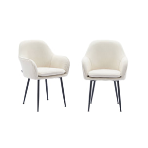 Lot de 2 fauteuils en velours côtelé blanc cassé et pieds en métal noir mat. L 57 x P 59 x H 84.5
