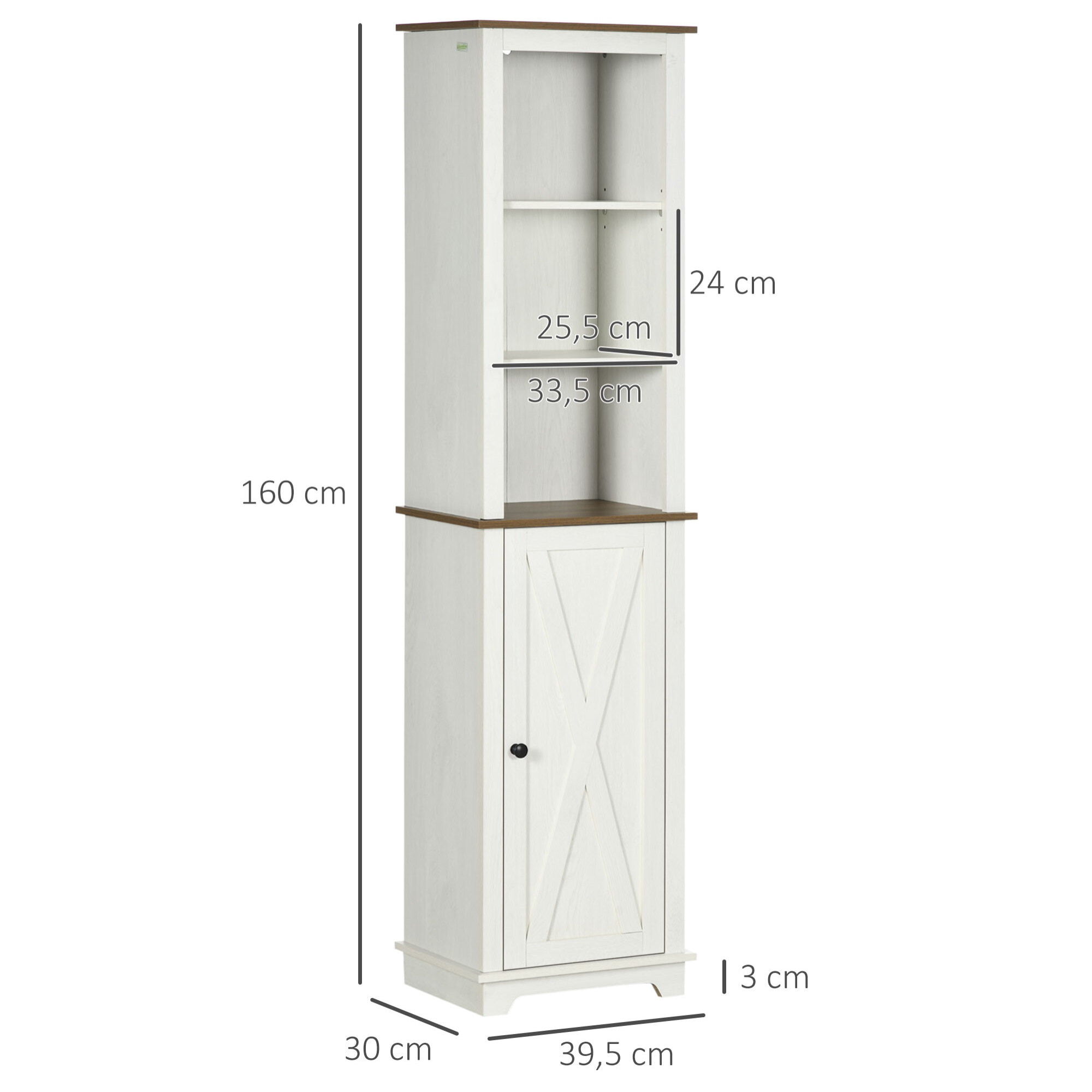 Armario Alto de Baño Mueble Columna de Baño Armario de Almacenamiento con 3 Compartimientos Puerta y Estante Ajustable 39,5x30x160 cm Blanco