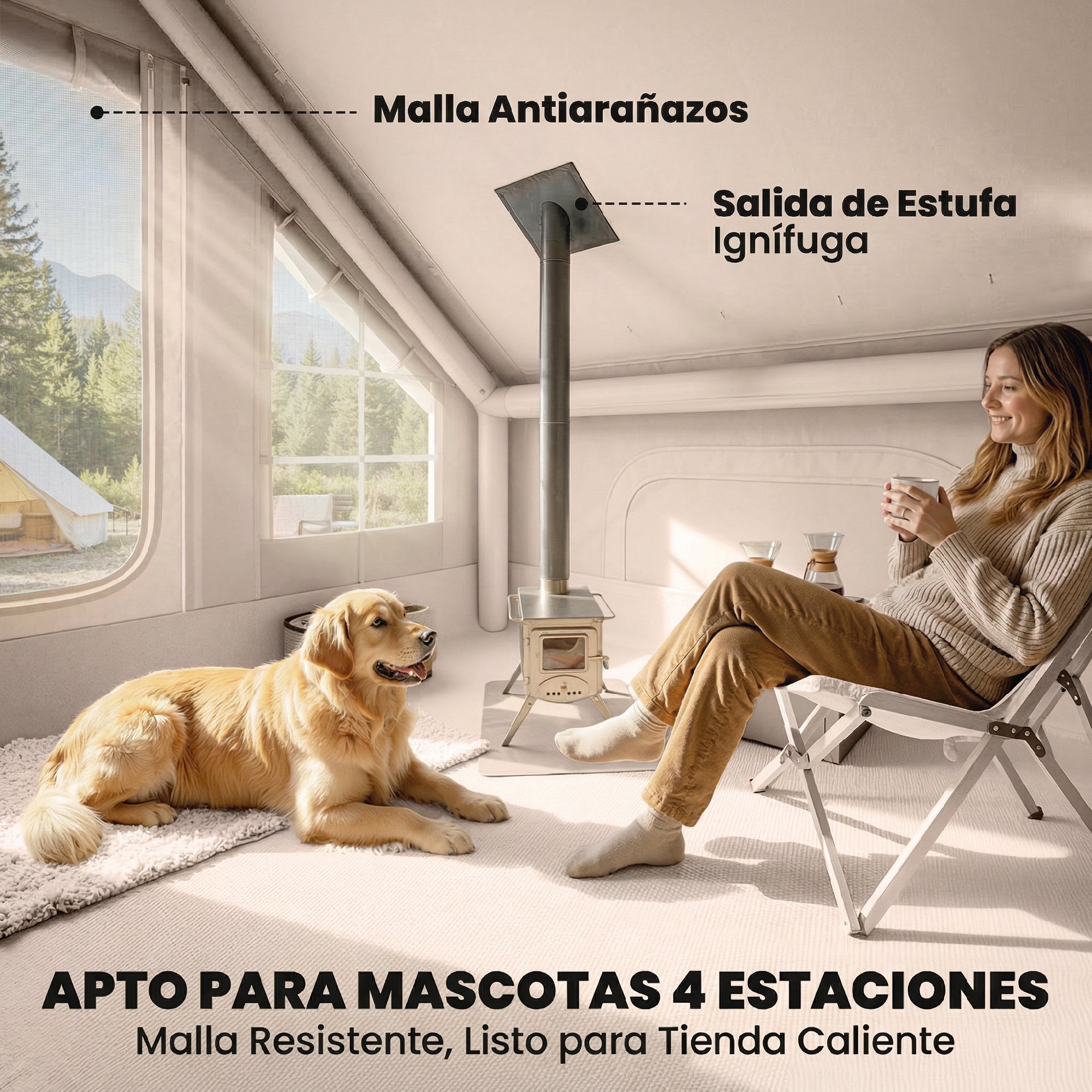 Tienda de Campaña Inflable Glamping para 5–8 Personas con Apertura de Chimenea y Claraboya Bomba UPF30+ Bolsa para 4 Estaciones Instantáneo Resistente al Viento Tela Oxford Impermeable 5000+