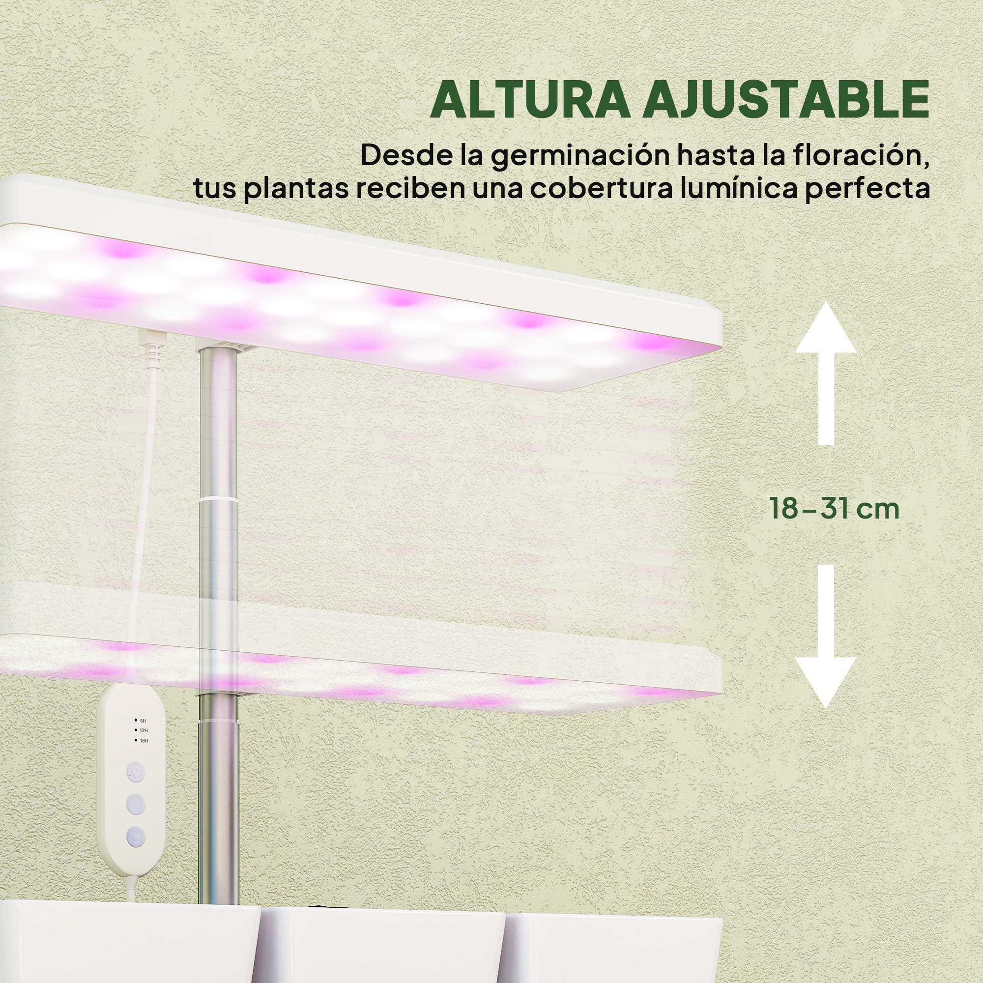 Lámpara de Planta Interior, 30 LED, Luz de Crecimiento de Espectro Completo, Ajustable en Altura con Temporizador Automático 8/12/16/24H, 5 de Brillo y 3 Cajas para Invernadero, Jardín