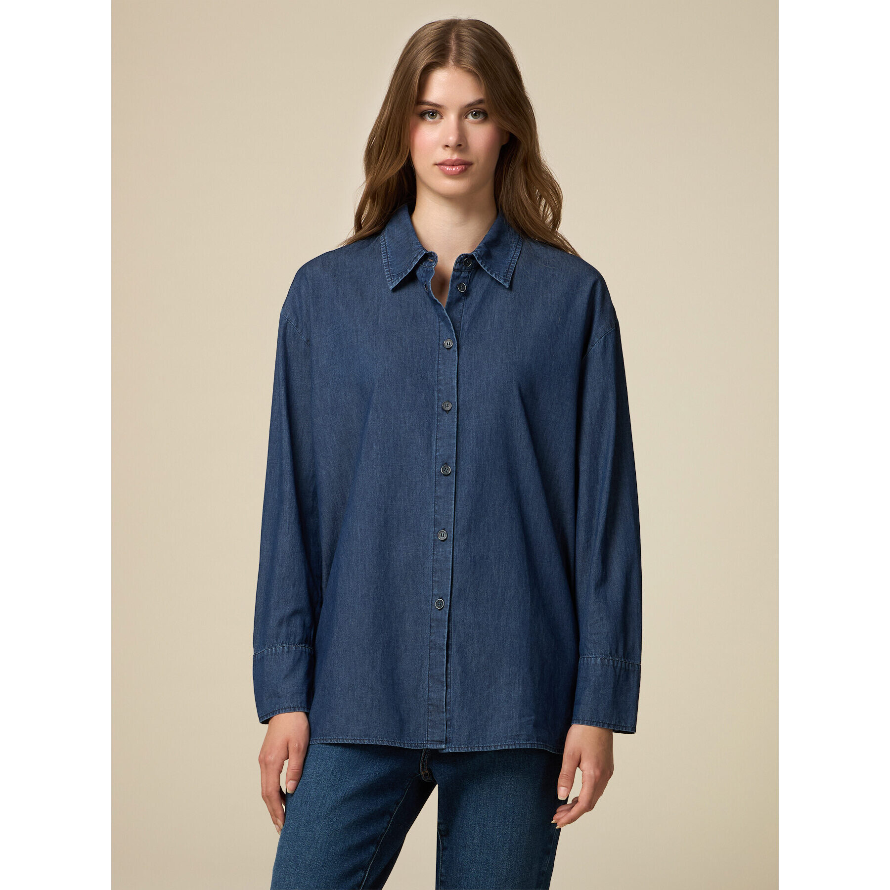 Oltre - Denim shirt with patterned insert - Azul