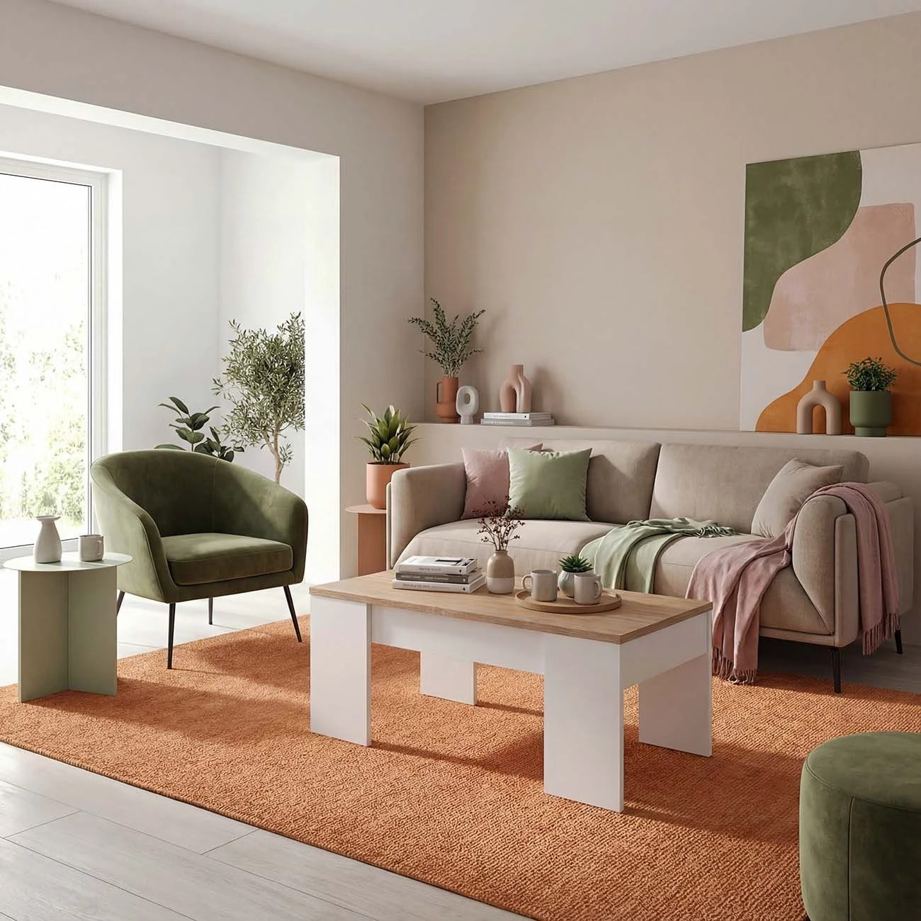 Mesa de centro elevable con almacenaje en blanco artick y roble canadian 100x45-56 cm Vita Blanco Artik (Blanco Mate) - Roble Canadian