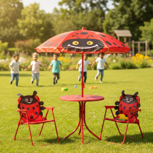 Well Home Conjunto jardín niños 4 piezas (mesa + 2 sillas + paraguas) diseño Mariquita, plegable y ligero