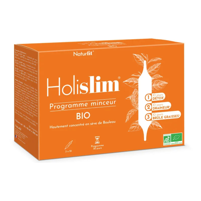 NATURFIT - Holislim - Programme minceur BIO - Complément alimentaire aux plantes - Sève de Bouleau, Pissenlit, Thé vert, Guarana - Aider à drainer, détoxifier et brûler les graisses - 30 ampoules