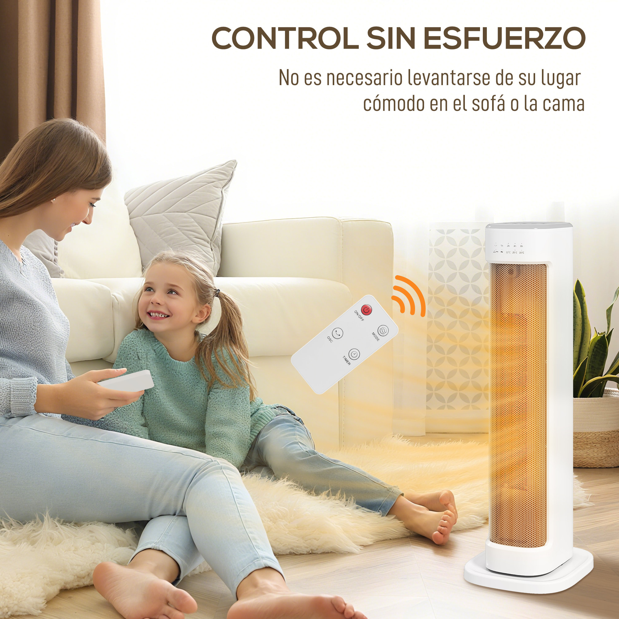 Calefactor Eléctrico Bajo Consumo, 2000W PTC, Termoventilador con 3 Modos, Termostato Regulable, Temporizador, Protección contra Vuelcos y Sobrecalentamiento, Control Remoto para 15-20Ã£Å½Â¡, Blanco