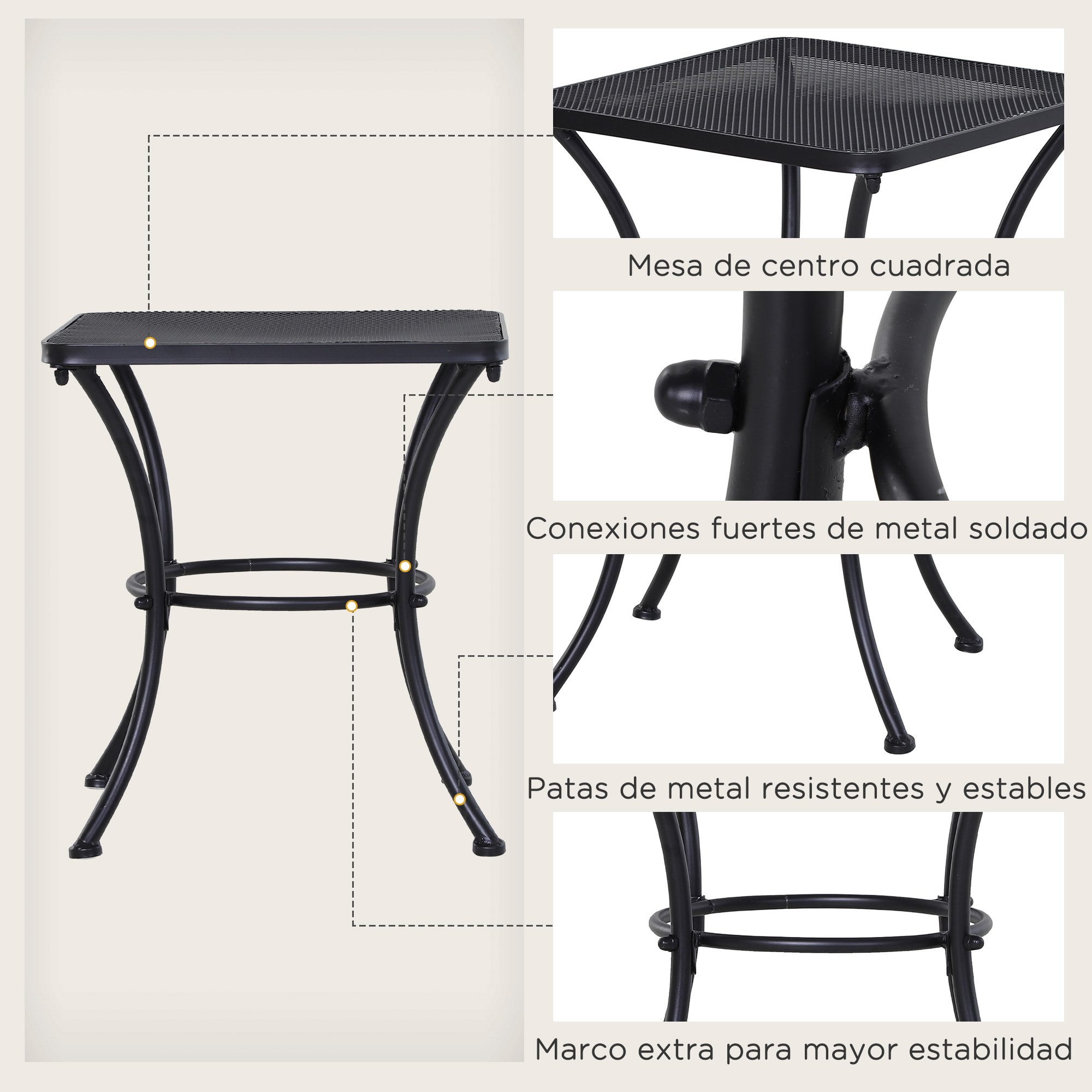 Mesa de Jardín Cuadrada Mesa Auxiliar Exterior con Estructura de Metal para Patio Terraza Balcón Carga 30 kg 45x45x50 cm Negro