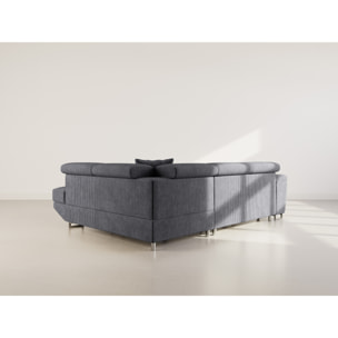 Baoji - Canapé d'angle droit 5 places convertible avec têtières et coffre en velours côtelé - Gris