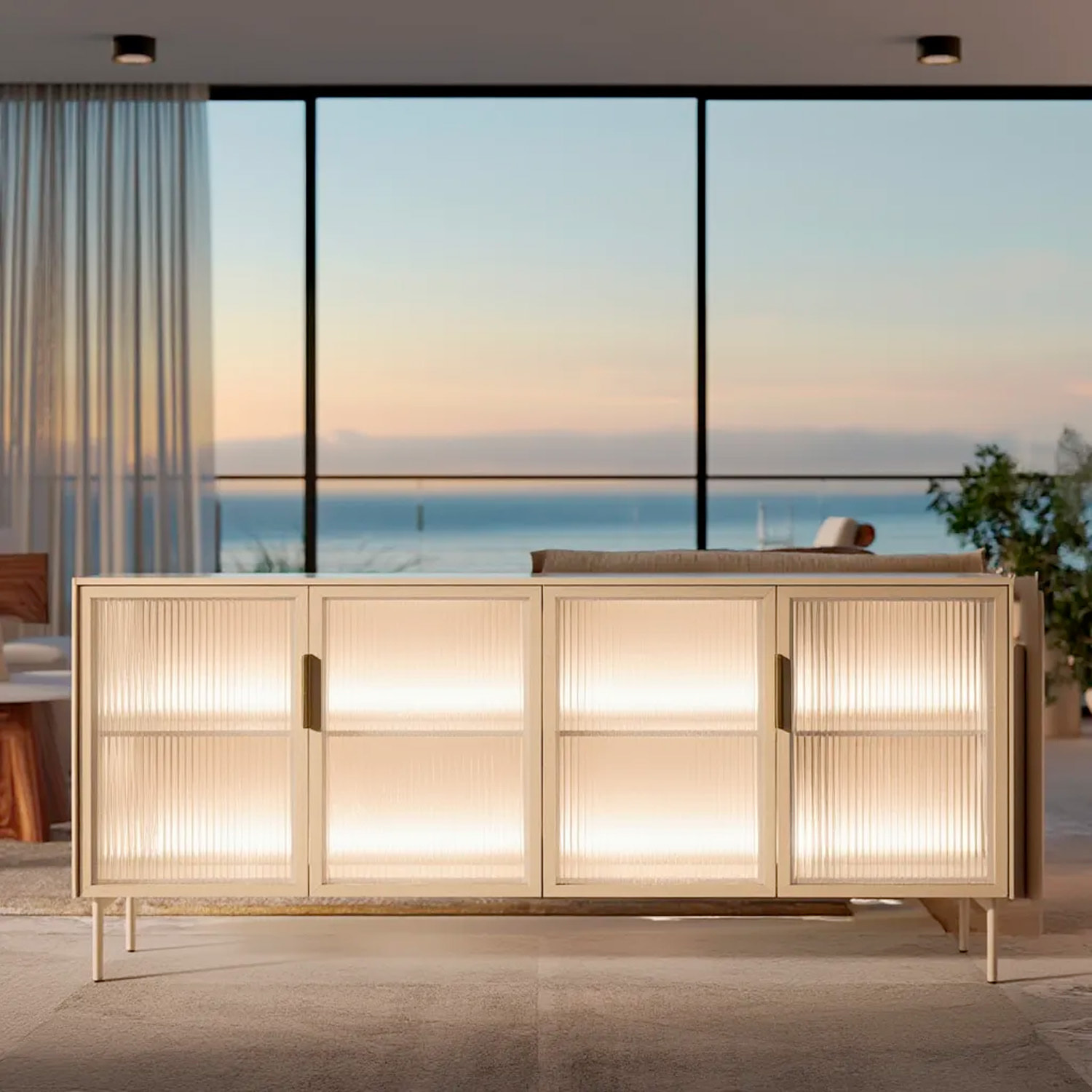 Credenza Madia Moderna Con Vetrina Cassetti E Illuminazione Led Ripiani Materiale In Melaminico 181.3 x 39.3 x 82.6 Cm Cashmere
