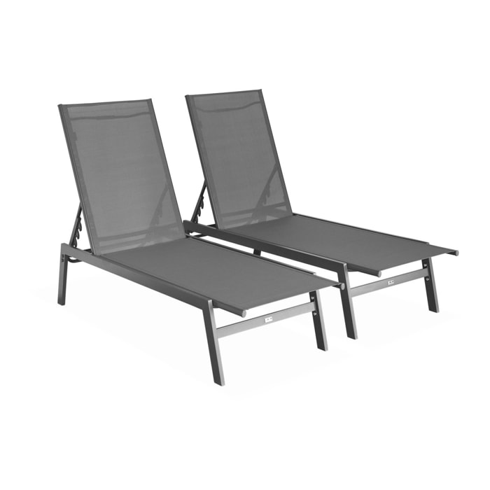 Lot de 2 transats anthracite. 5 positions. en textilène et métal. FLORA.  L155 x P59 x H106cm