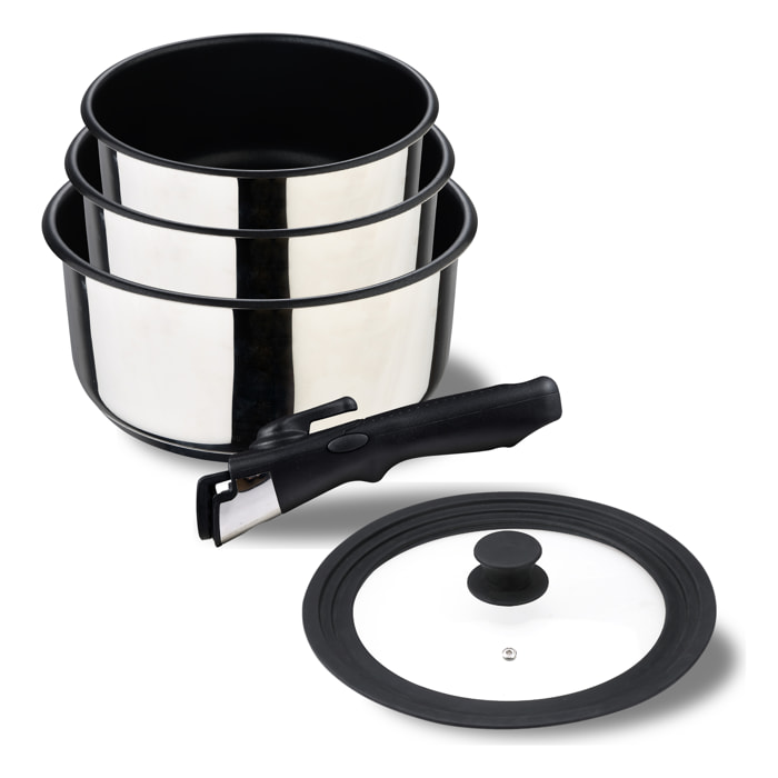 Juego de 3 Cazos Ø16Ø18Ø20cm + Mango extraíble + Tapa universal, Acero inoxidable Click & Cook Bergner