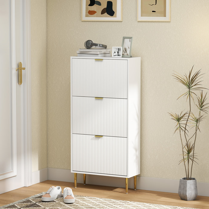 Meuble à chaussures style Art déco 3 portes piètement poignées métal doré 60 x 24 x 128 cm blanc