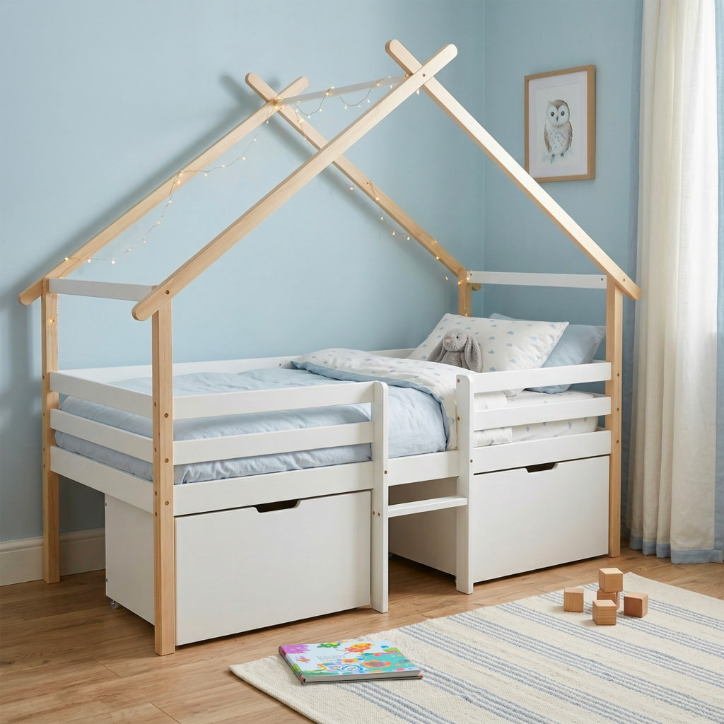 Lit cabane enfant 90 x 190 cm bois de pin sommier à lattes inclus et 2 tiroirs SIENNA