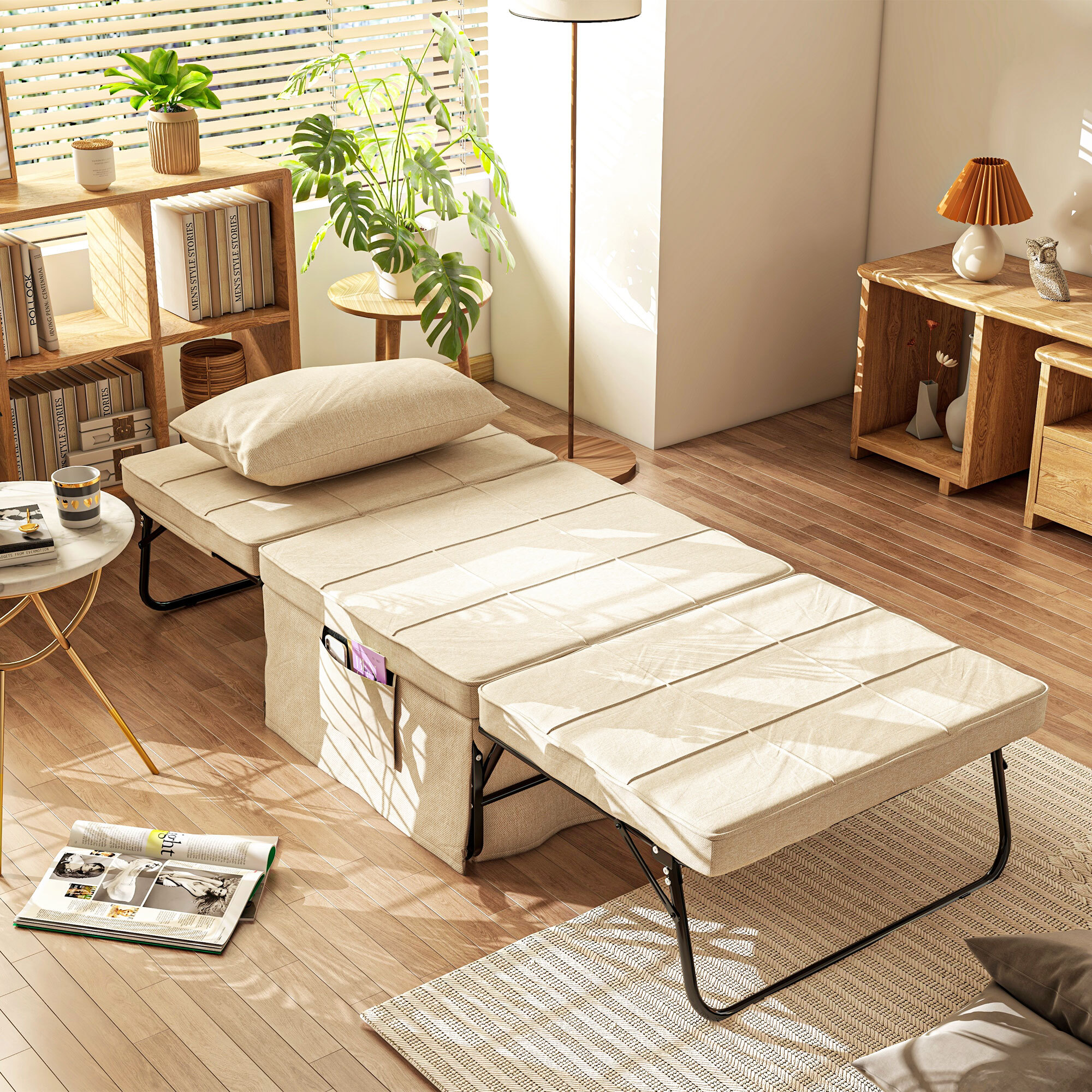 Sofá Cama de 1 Plaza 4 en 1, Sillón Cama Plegable, Otomana, Tapizado en Lino, con Respaldo Ajustable de 5 Niveles, Almohada Acolchada, para Oficina, Dormitorio, Salón, 75x80x74 cm, Crema
