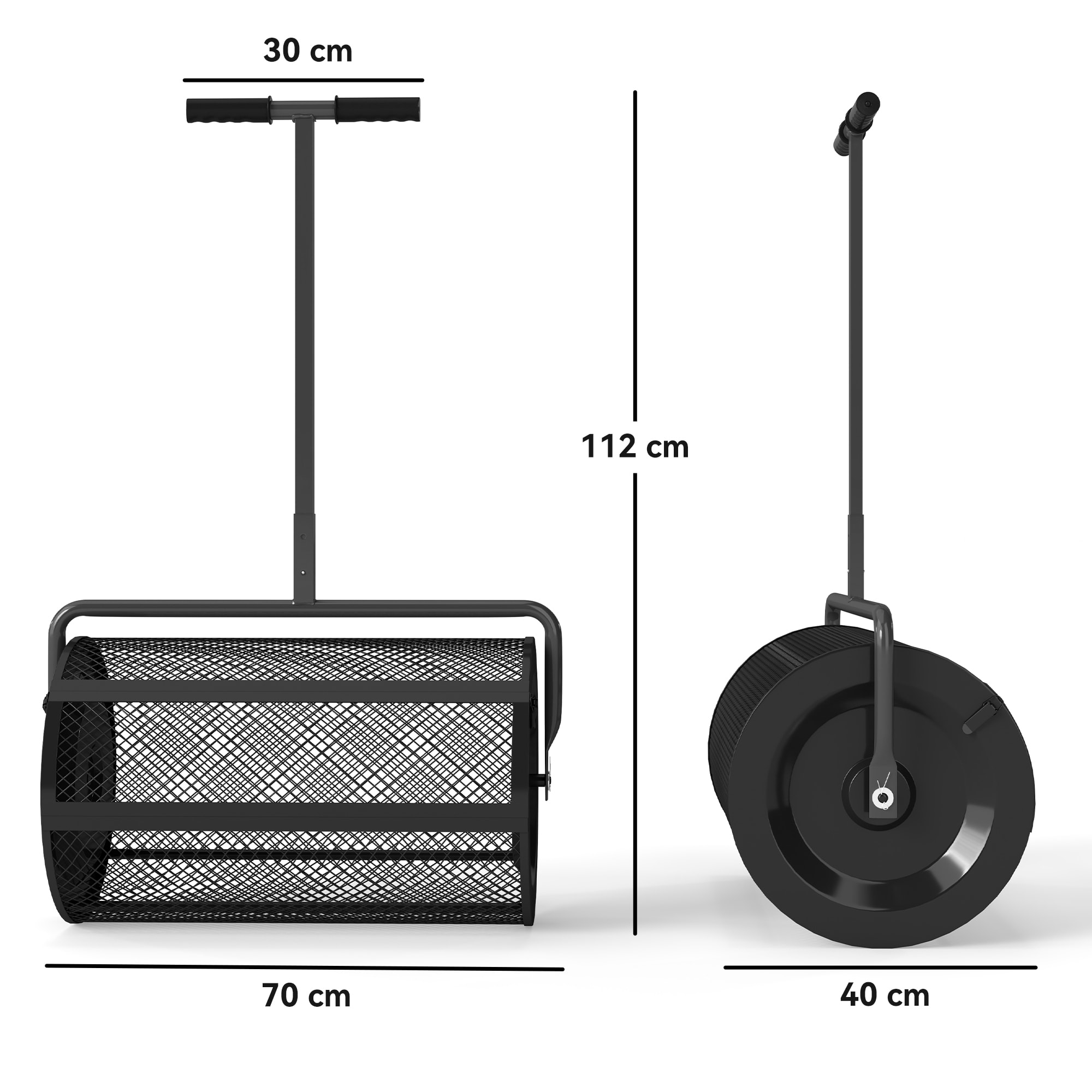 Esparcidor de Compost 300L 70x40x112 cm Esparcidor de Abono para Césped con Asa Ajustable Cesto de Malla Metálica para Cuidado de Césped Jardín Negro
