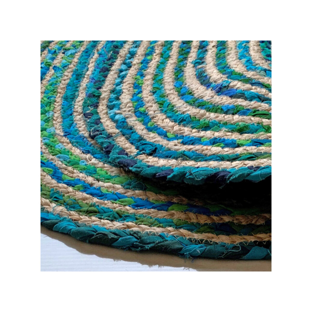 Tapis en jute tressée ovale bleu vert artisanat indien 90cm - SINNAR