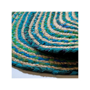 Tapis en jute tressée ovale bleu vert artisanat indien 90cm - SINNAR