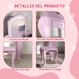 Tocador Infantil para Niñas y Niños de +3 Años Mesa de Maquillaje con Taburete y Espejo Tocador para Niñas con Cajón y Cajas de Almacenaje Forma de Nube Rosa