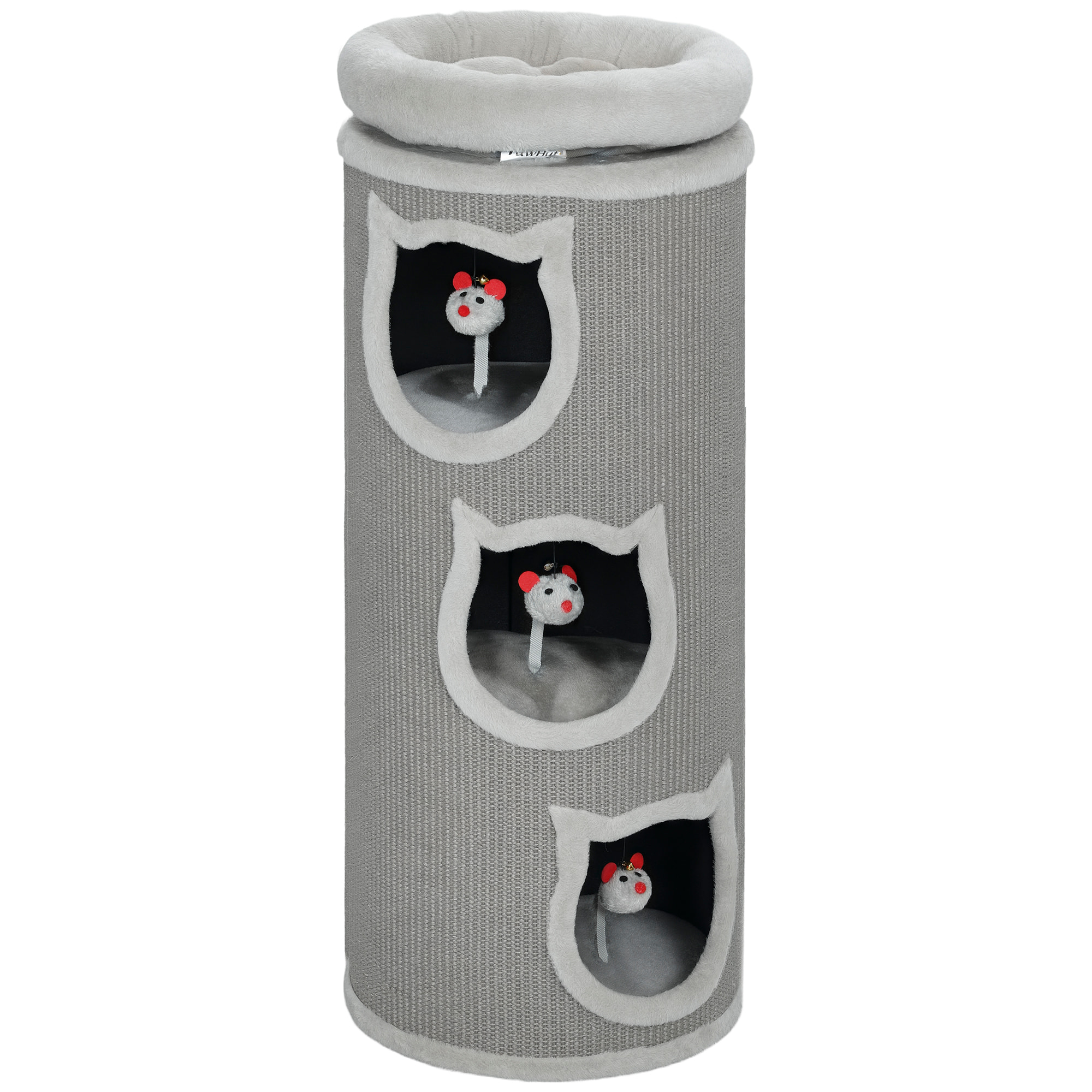 Tour à griffer pour chat - arbre à chat - 3 niches, 3 jouets, panier haut - sisal peluche gris