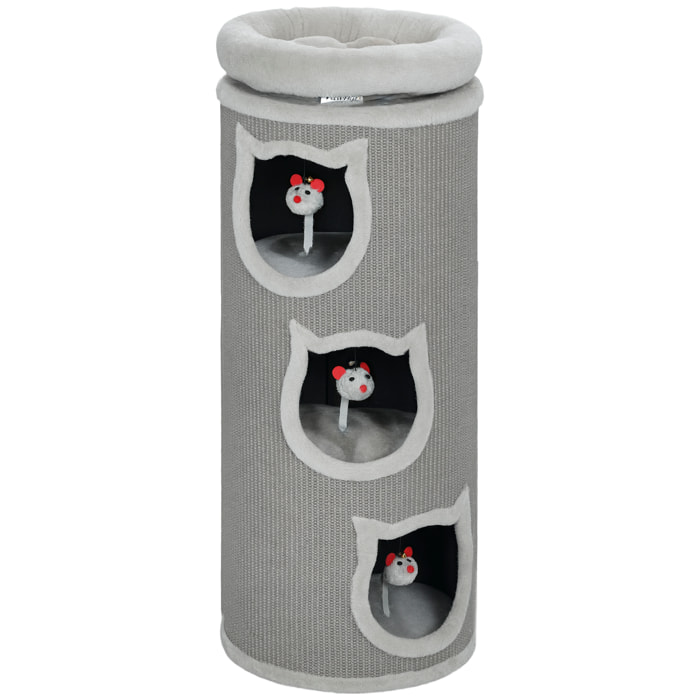 Tour à griffer pour chat - arbre à chat - 3 niches, 3 jouets, panier haut - sisal peluche gris