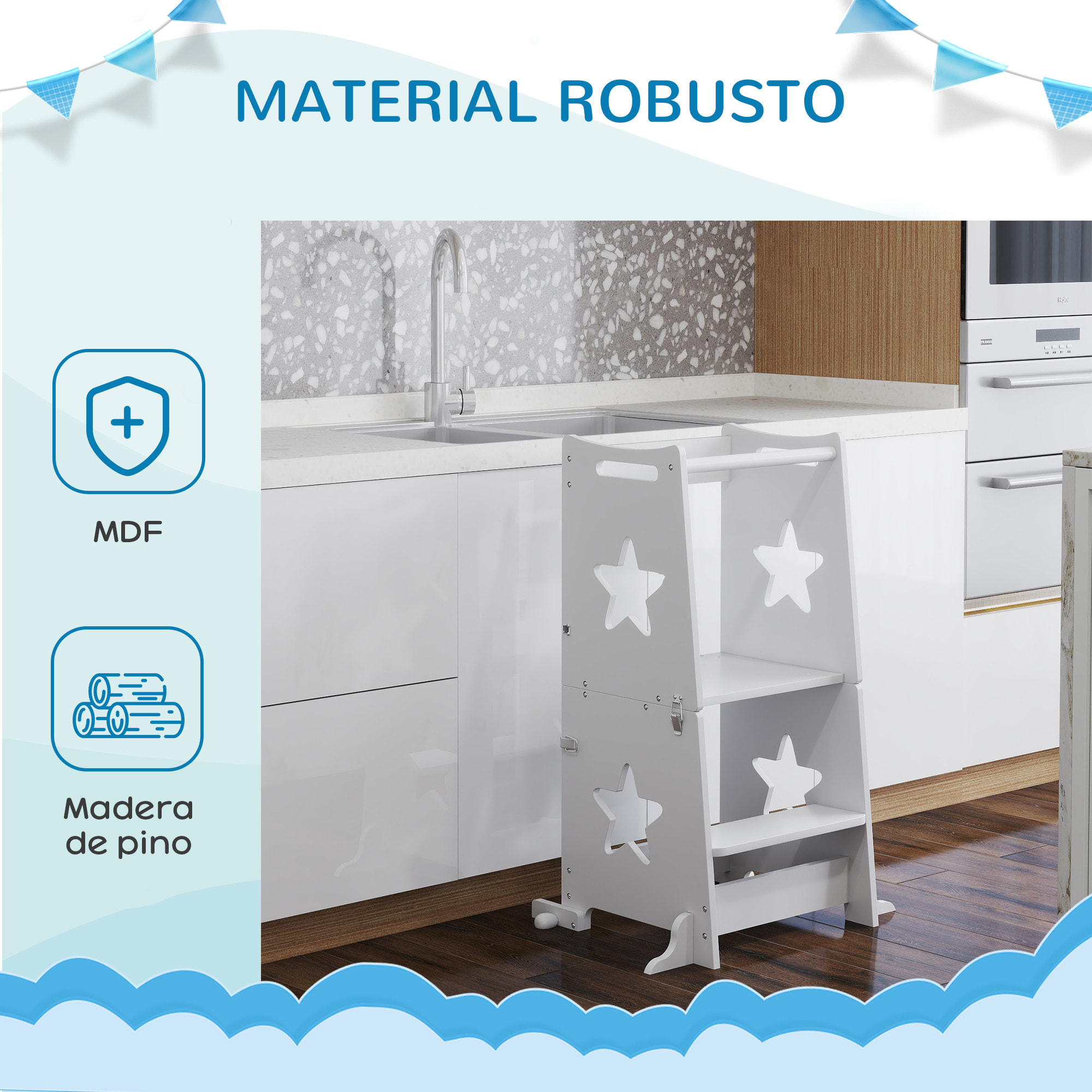 Torre de Aprendizaje 2 en 1 Taburete de Aprendizaje para Niños de +3 Años Convertible en Mesa y Silla con Barra de Seguridad 60x44,5x86 cm Blanco