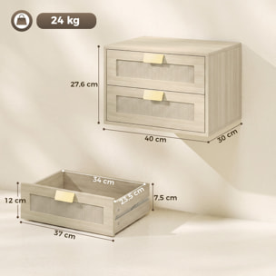 Juego de 2 Mesitas de Noche Flotantes, Mesillas de Noche con 2 Cajones con Frente de Ratán Natural, Diseño Moderno, para Dormitorio, 40x30x27,6 cm, Roble