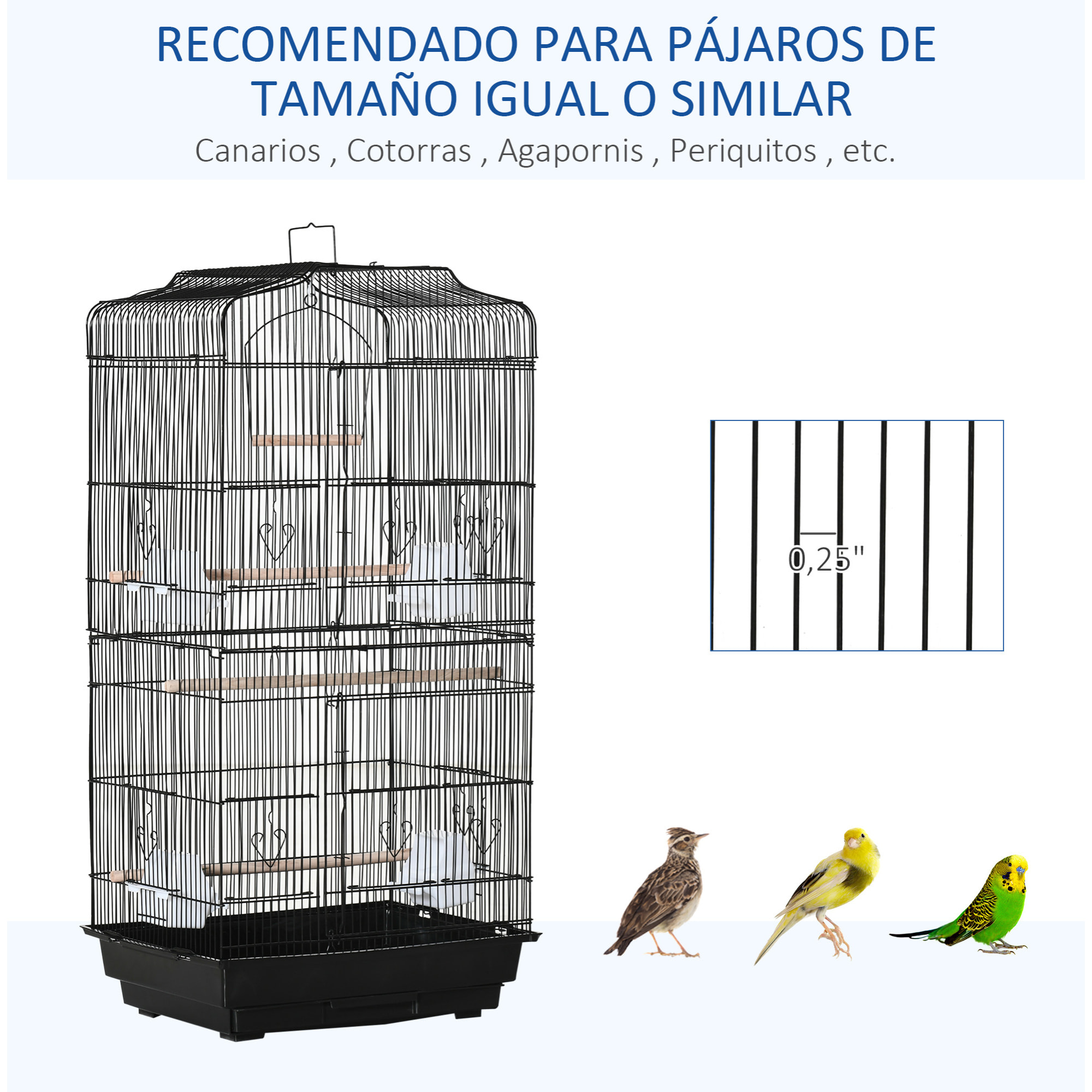 Jaula para Pájaros 46,5x35,5x92 cm Pajarera de Metal con Puertas 4 Comederos 3 Perchas Columpio Bandeja Extraíble y Asa de Transporte para Loro Canario Periquito Negro