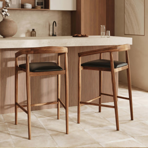 Lot de 2 chaises de bar 77 cm en teck vernis et assise en cuir noir - Bali