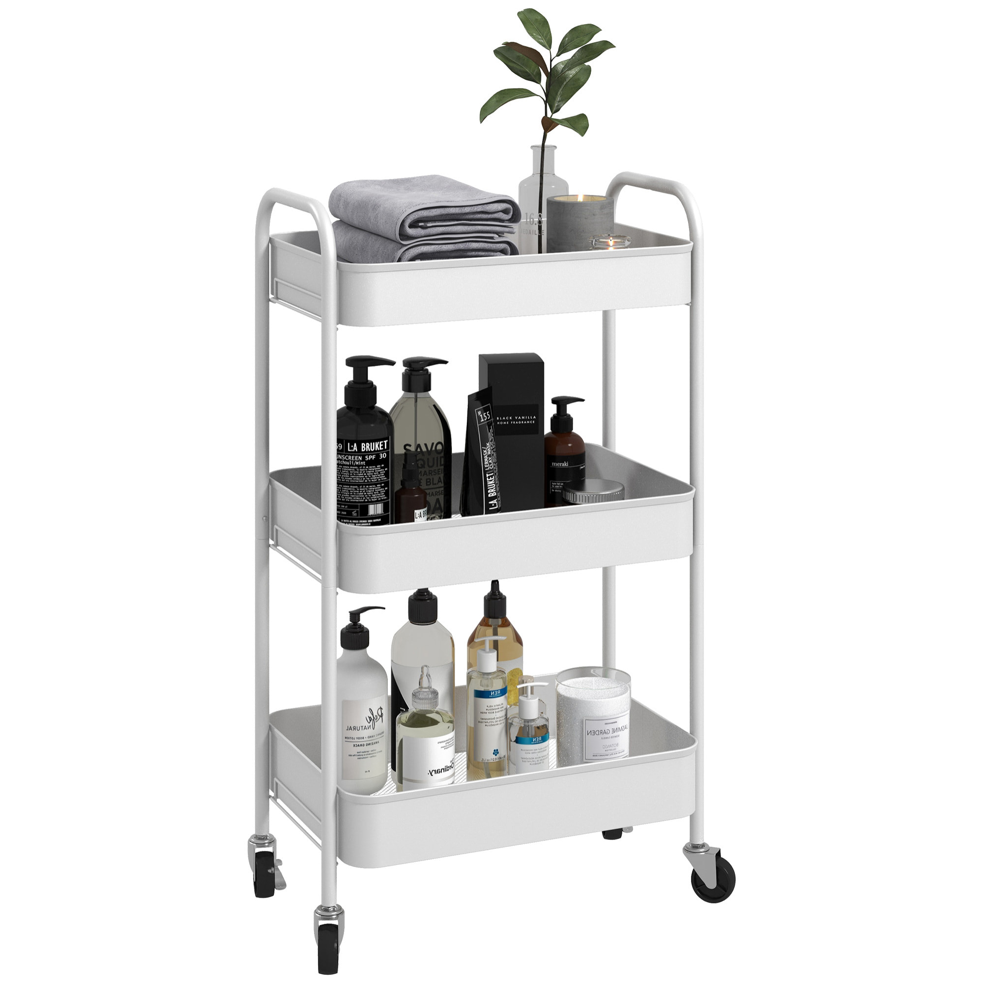 Carrito Auxiliar con Ruedas de 3 Niveles, Carrito de Cocina con 3 Cestas y 2 Asas para Baño, Dormitorio, Oficina, 45x30,6x79 cm, Blanco
