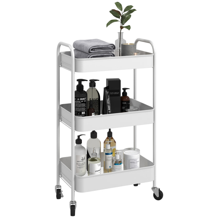 Carrito Auxiliar con Ruedas de 3 Niveles, Carrito de Cocina con 3 Cestas y 2 Asas para Baño, Dormitorio, Oficina, 45x30,6x79 cm, Blanco