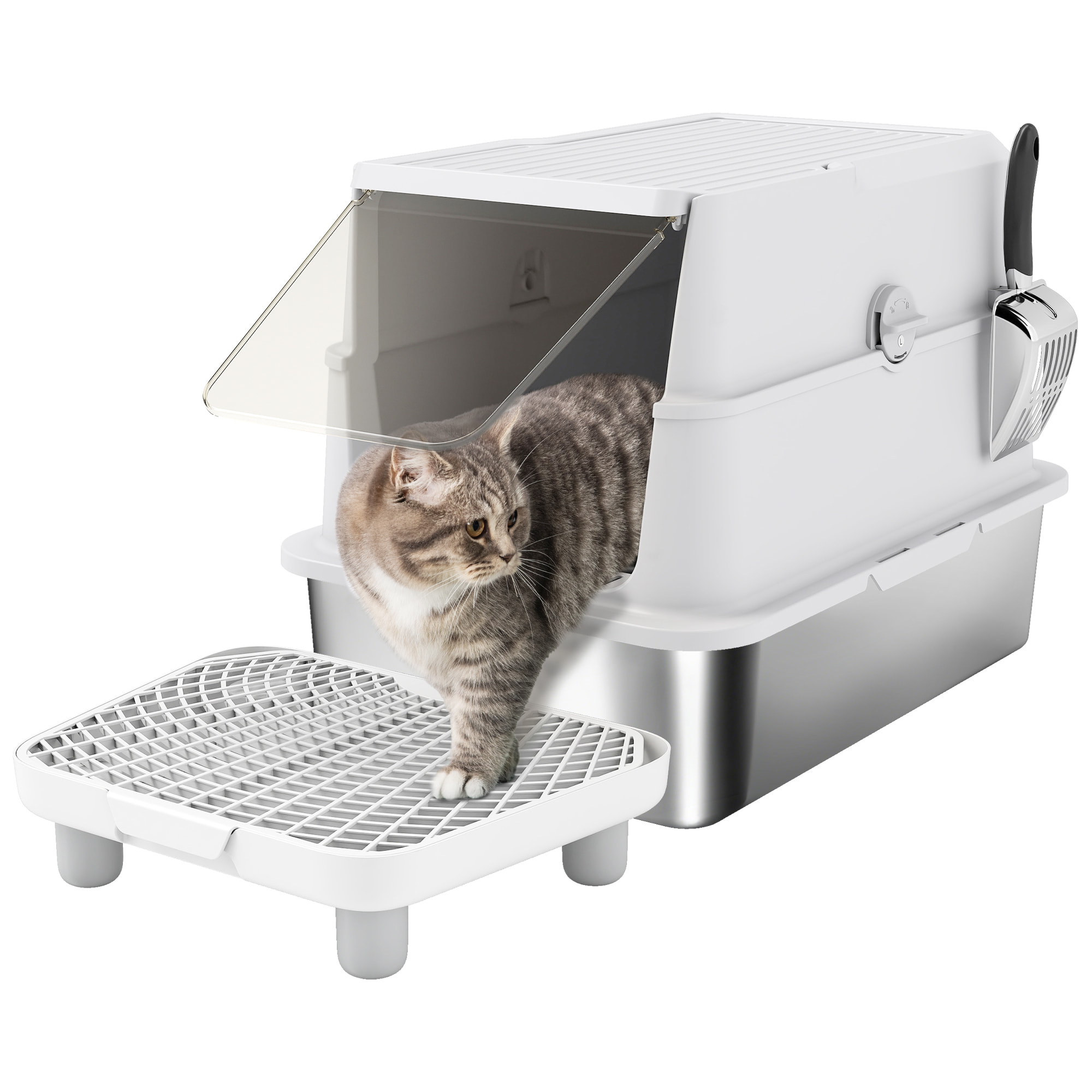 PawHut Arenero para Gatos de Acero Inoxidable XL, Caja de Arena Cerrada para Gatos Grandes, Arenero Extragrande con Tapa Abatible, Borde Alto, Pala Metálica, Fácil Limpiar, Antifugas, Gris Claro