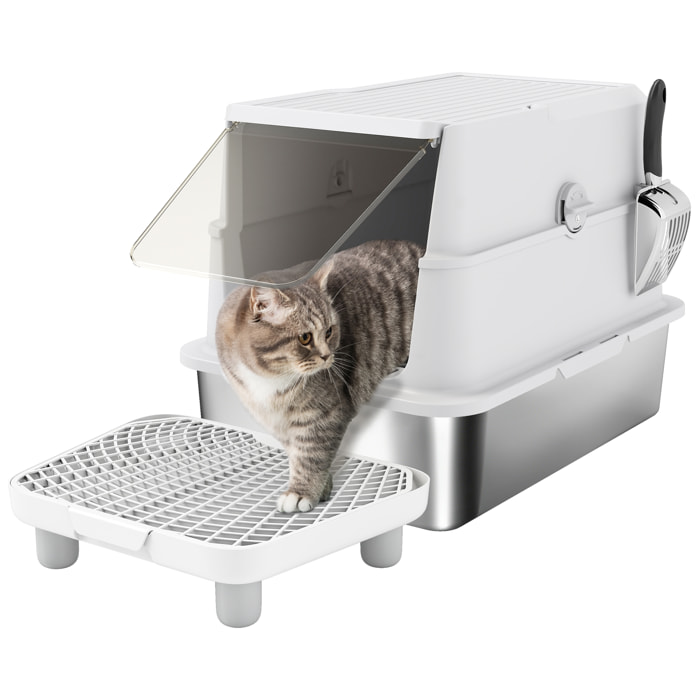 PawHut Arenero para Gatos de Acero Inoxidable XL, Caja de Arena Cerrada para Gatos Grandes, Arenero Extragrande con Tapa Abatible, Borde Alto, Pala Metálica, Fácil Limpiar, Antifugas, Gris Claro
